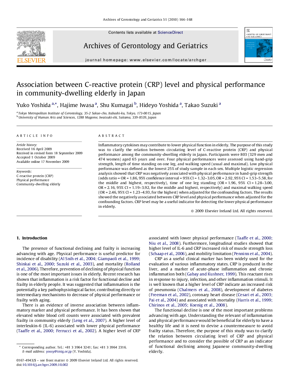 Association between C-reactive protein (CRP) level and physical performance in community-dwelling elderly in Japan