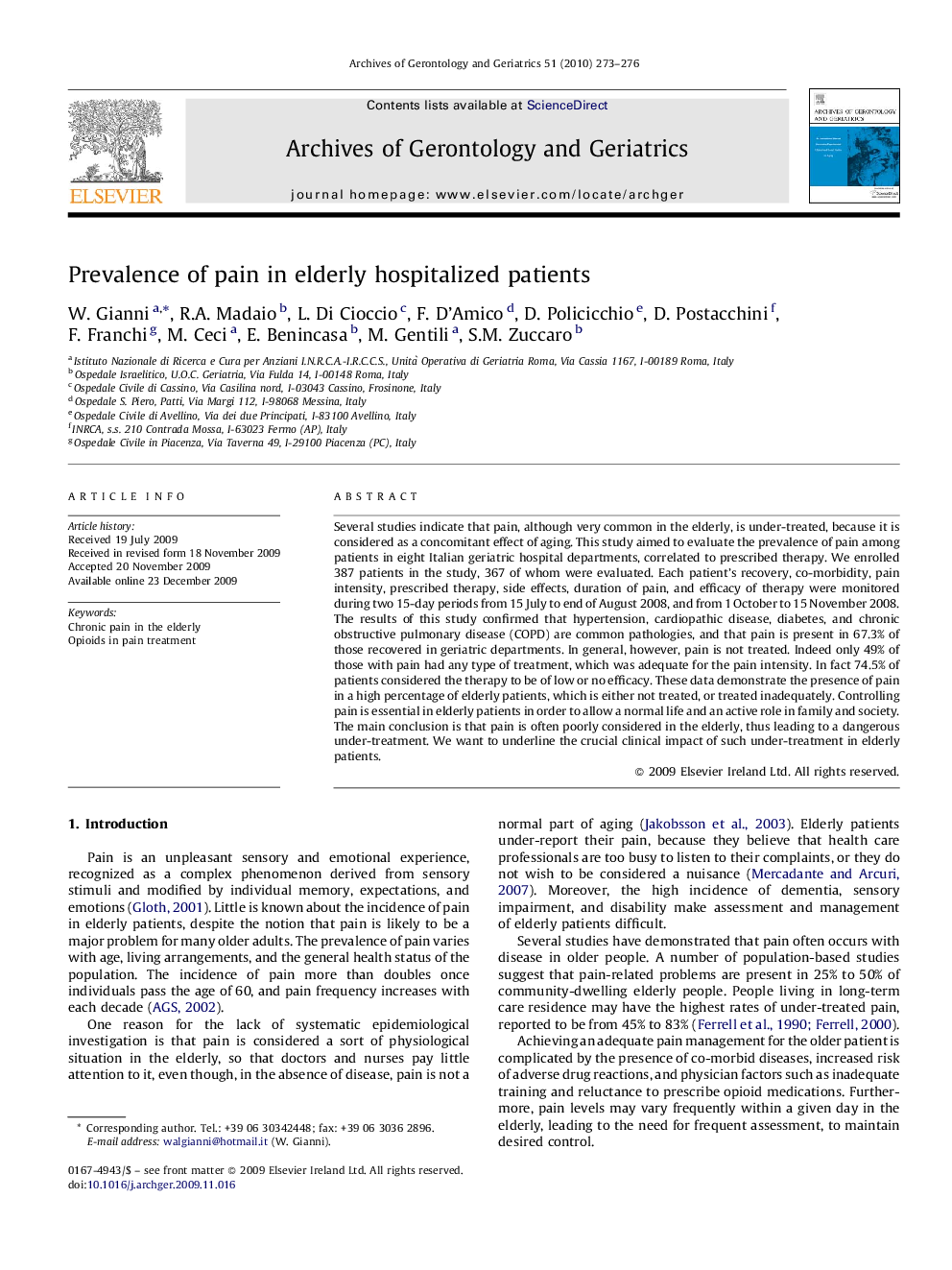 Prevalence of pain in elderly hospitalized patients