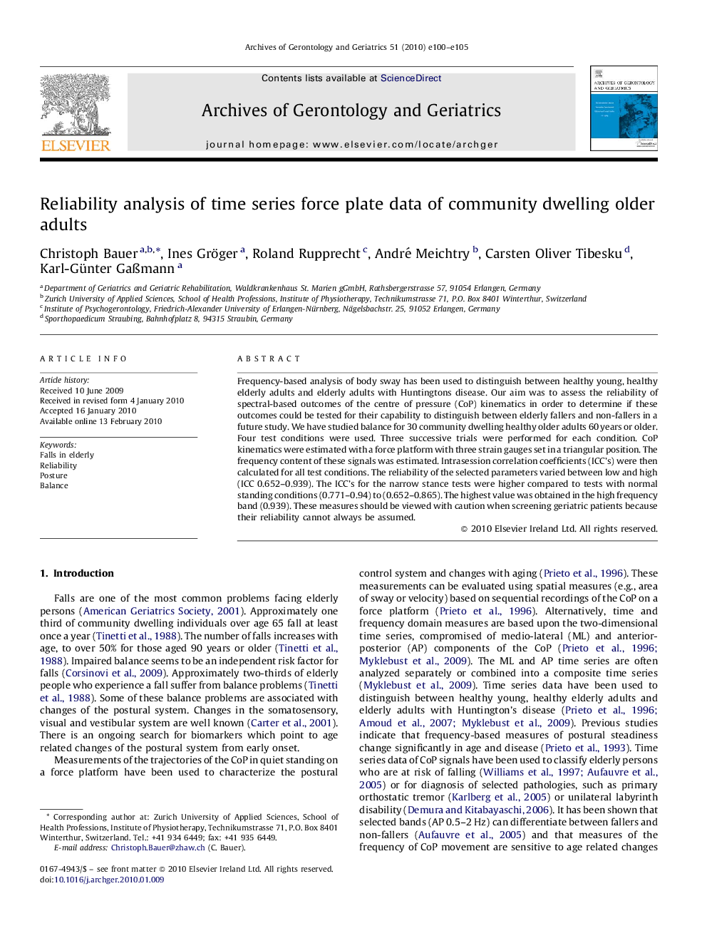 Reliability analysis of time series force plate data of community dwelling older adults