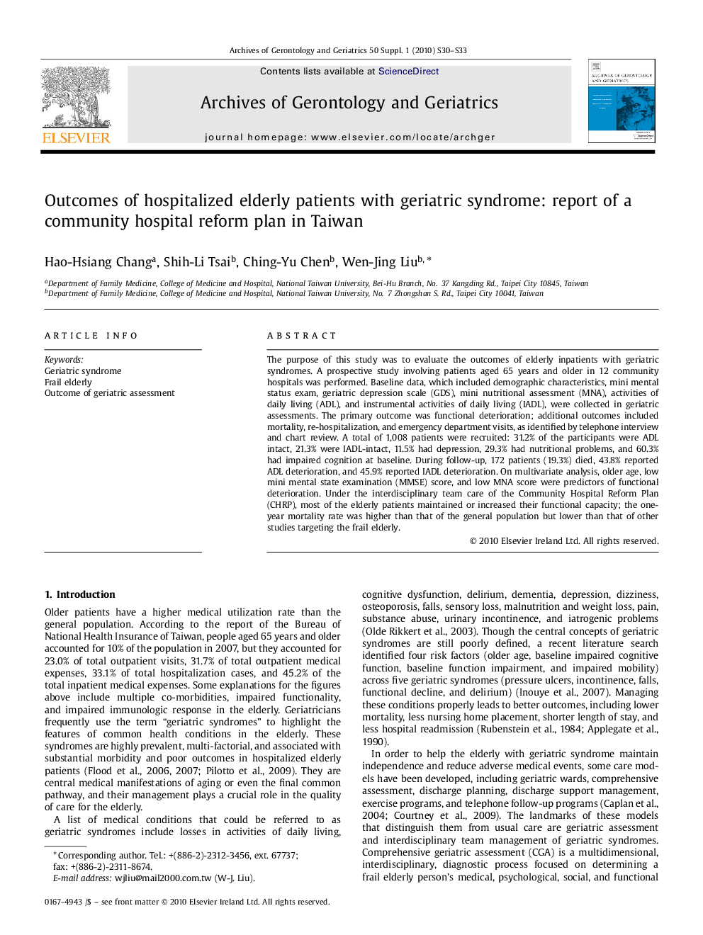 Outcomes of hospitalized elderly patients with geriatric syndrome: report of a community hospital reform plan in Taiwan