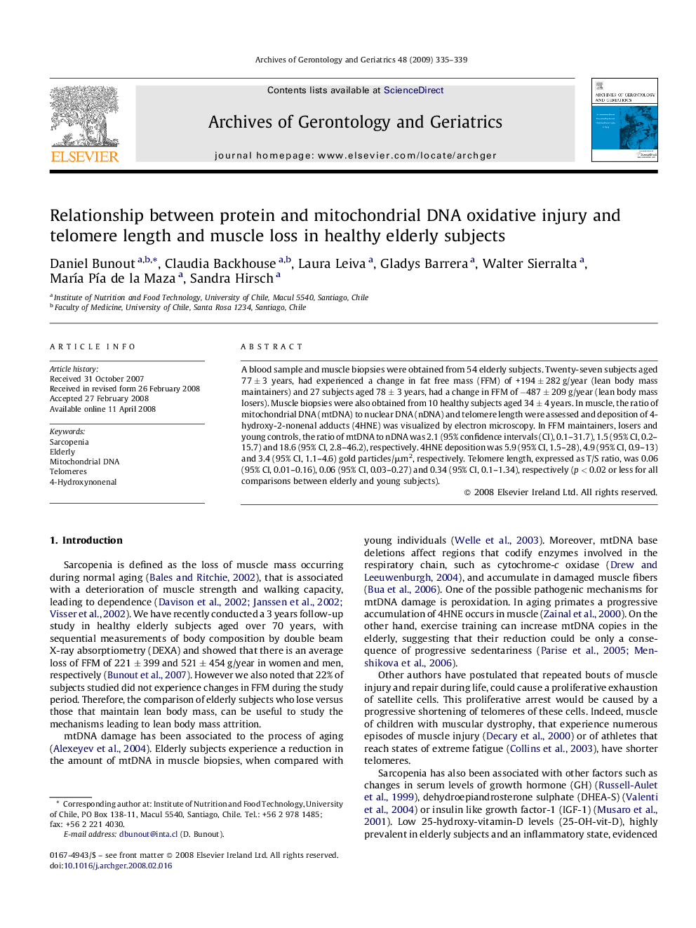 Relationship between protein and mitochondrial DNA oxidative injury and telomere length and muscle loss in healthy elderly subjects