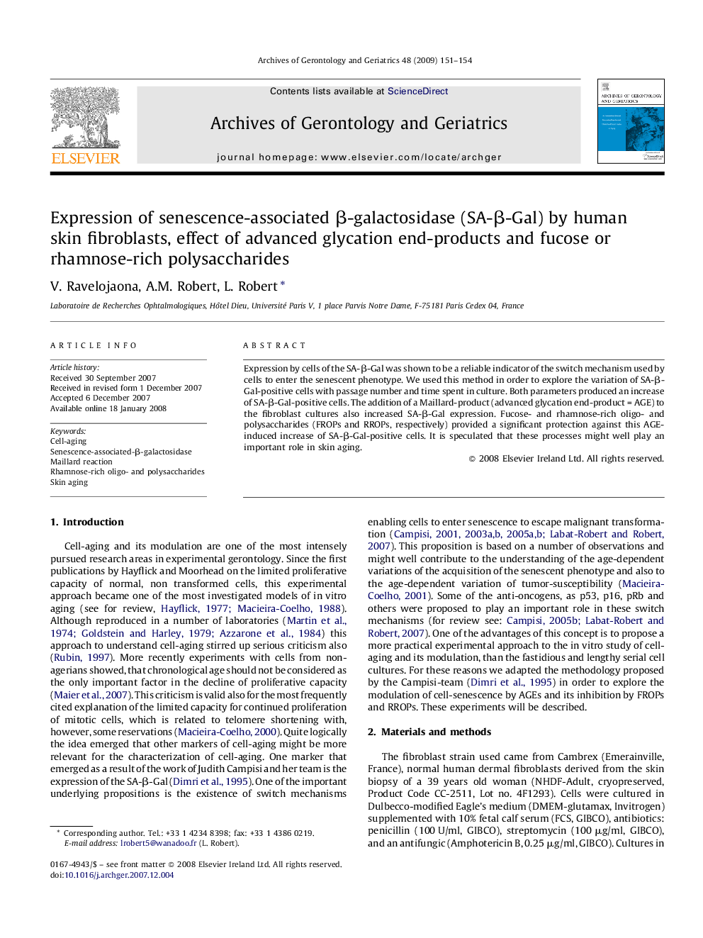 Expression of senescence-associated β-galactosidase (SA-β-Gal) by human skin fibroblasts, effect of advanced glycation end-products and fucose or rhamnose-rich polysaccharides