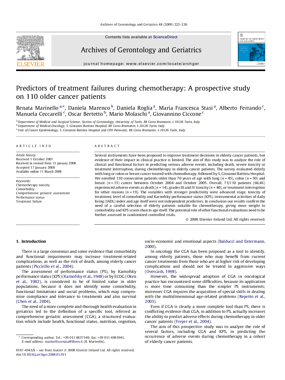 Predictors of treatment failures during chemotherapy: A prospective study on 110 older cancer patients