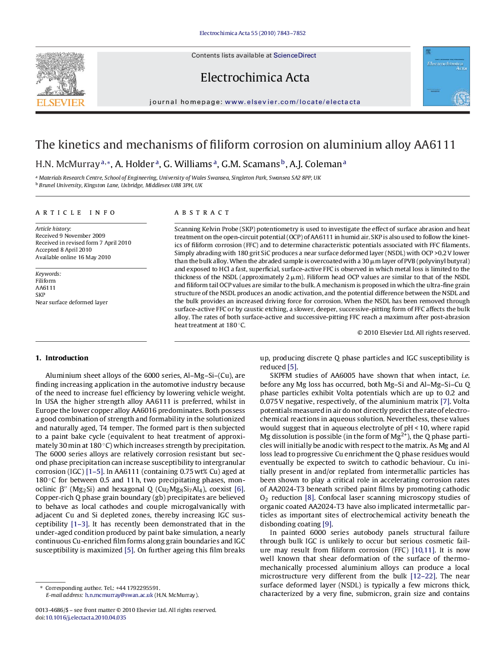 The kinetics and mechanisms of filiform corrosion on aluminium alloy AA6111