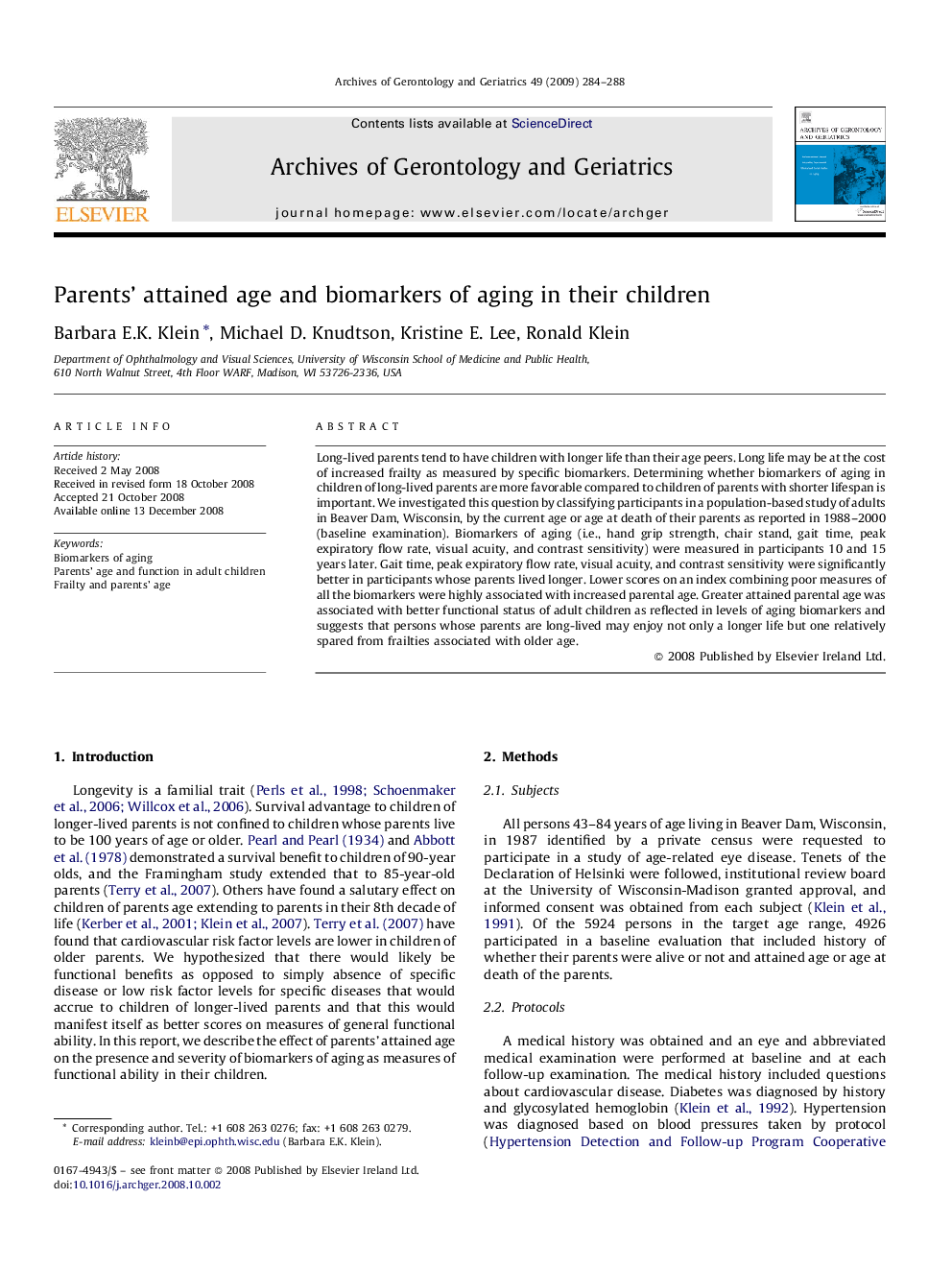 Parents’ attained age and biomarkers of aging in their children