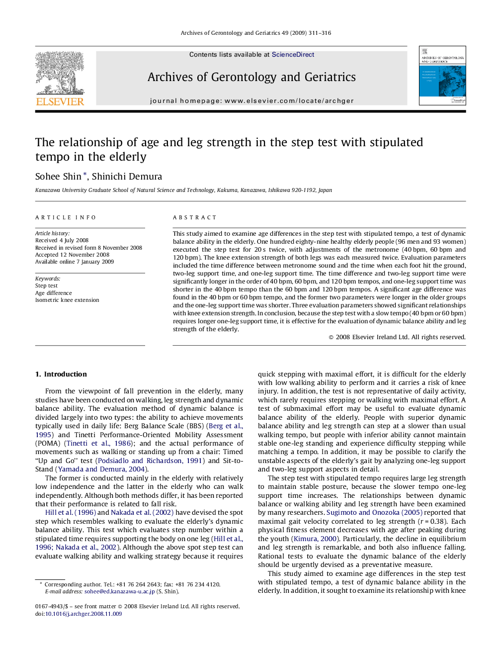 The relationship of age and leg strength in the step test with stipulated tempo in the elderly