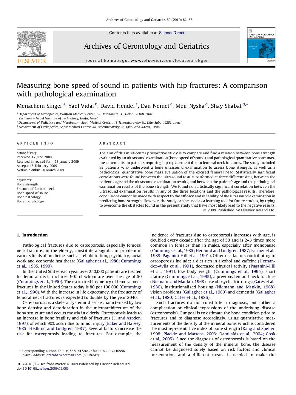 Measuring bone speed of sound in patients with hip fractures: A comparison with pathological examination