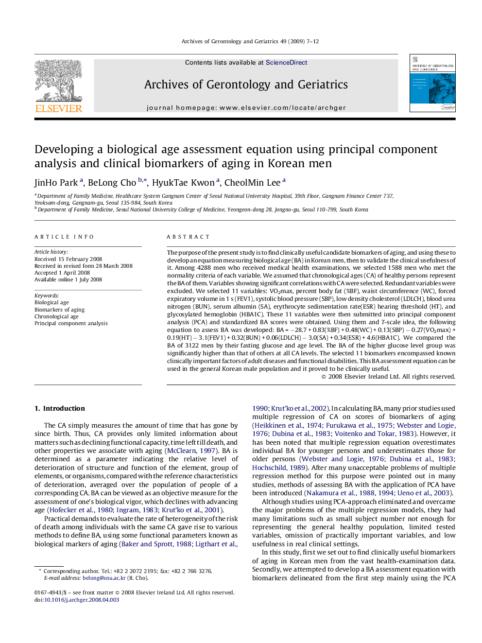 Developing a biological age assessment equation using principal component analysis and clinical biomarkers of aging in Korean men