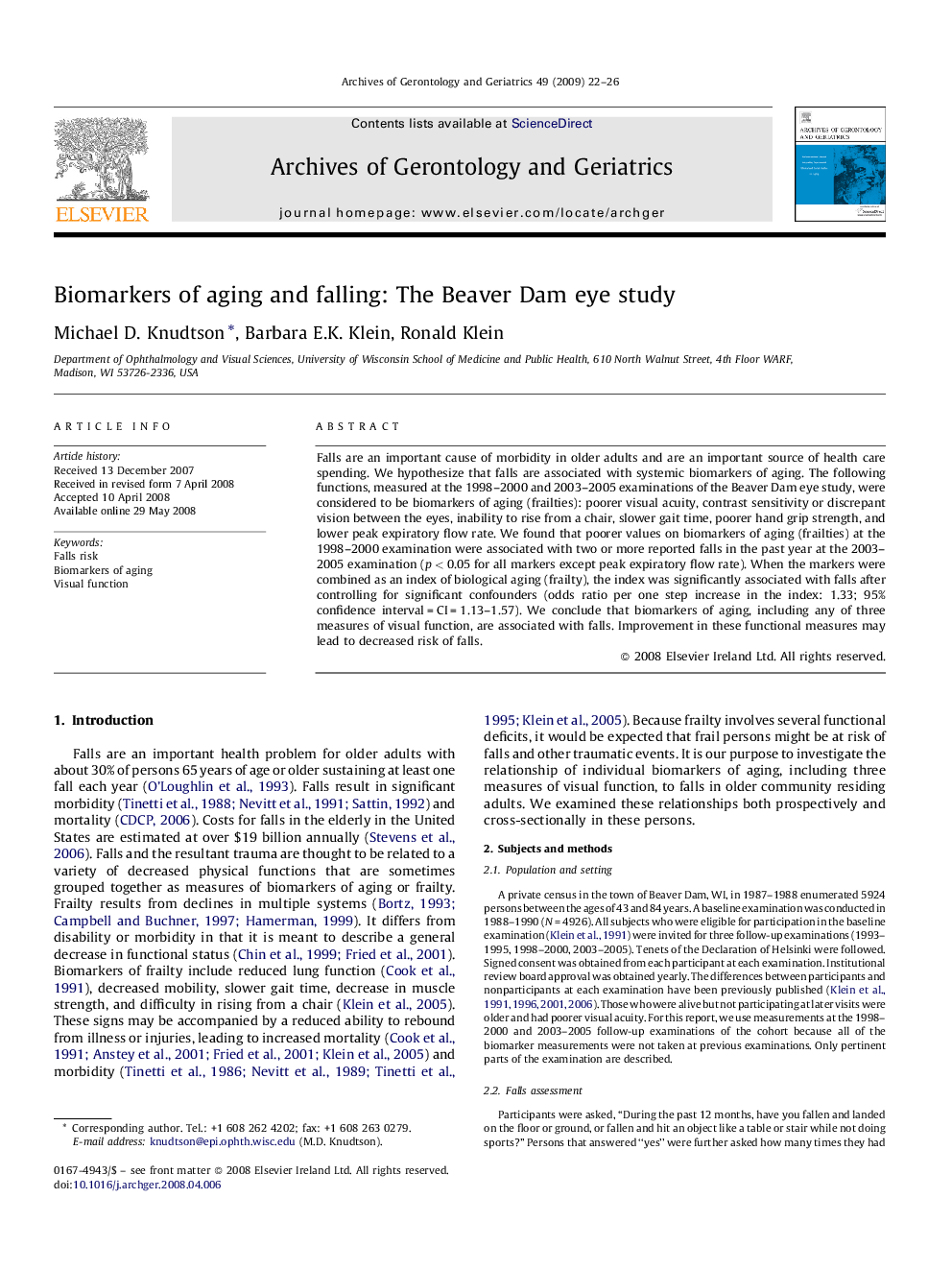 Biomarkers of aging and falling: The Beaver Dam eye study