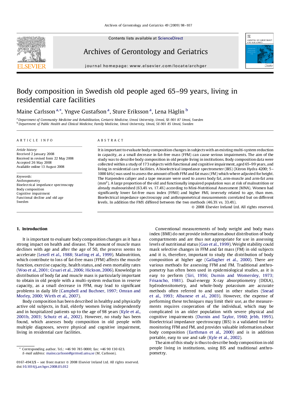 Body composition in Swedish old people aged 65–99 years, living in residential care facilities