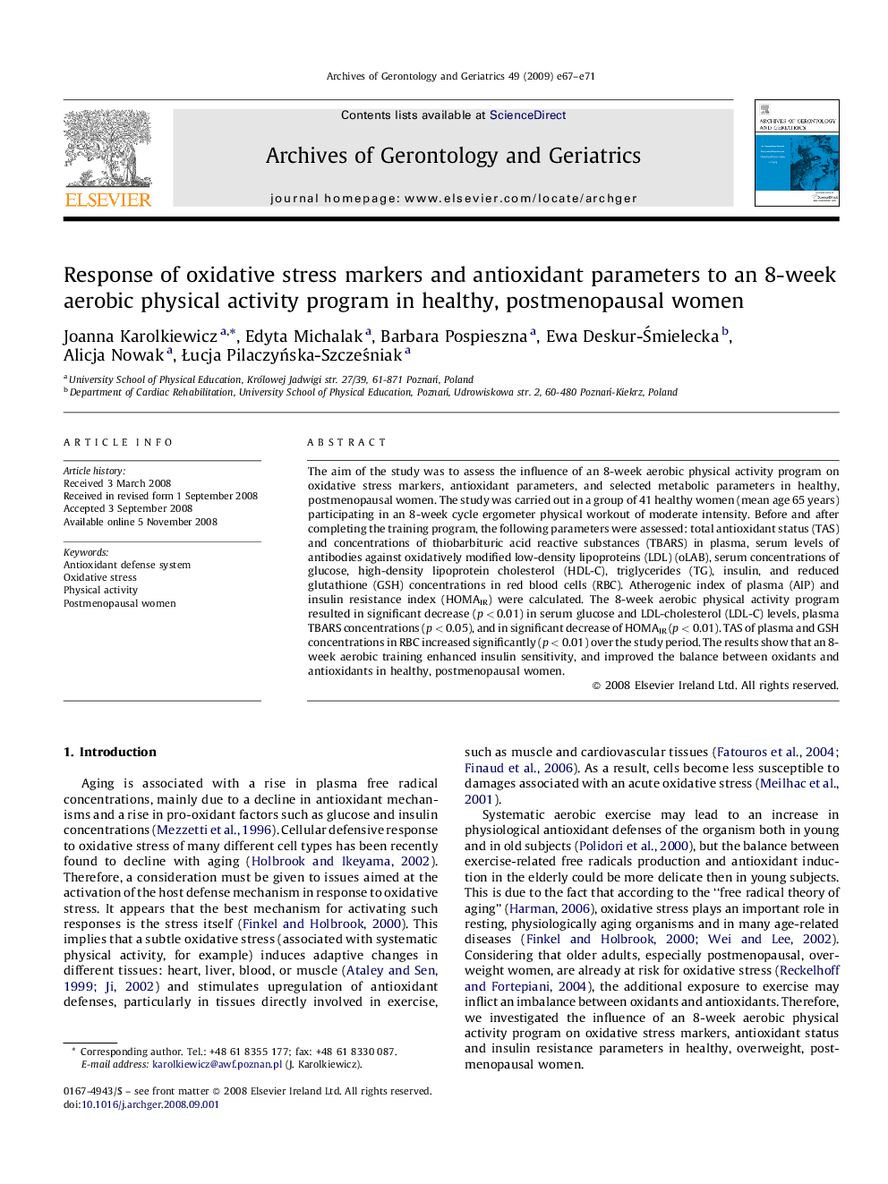 Response of oxidative stress markers and antioxidant parameters to an 8-week aerobic physical activity program in healthy, postmenopausal women