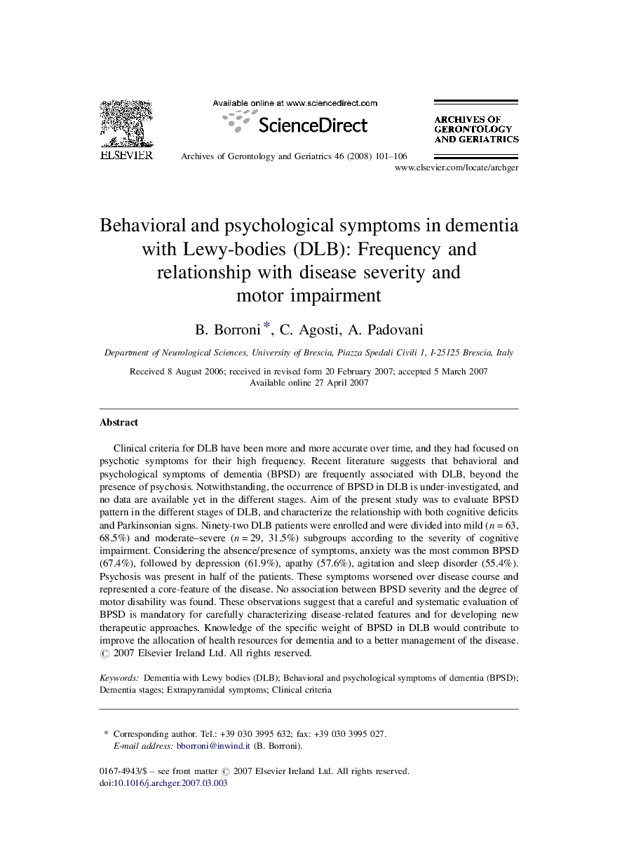 Behavioral and psychological symptoms in dementia with Lewy-bodies (DLB): Frequency and relationship with disease severity and motor impairment