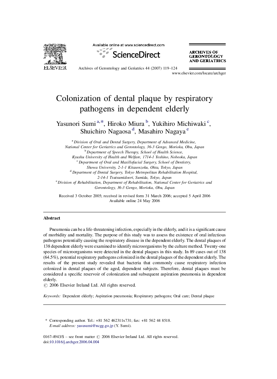 Colonization of dental plaque by respiratory pathogens in dependent elderly