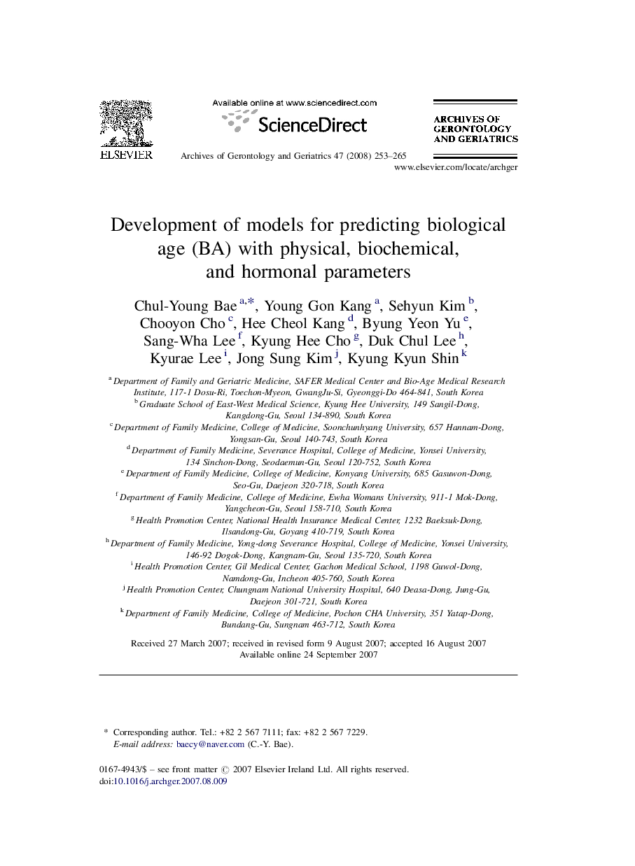 Development of models for predicting biological age (BA) with physical, biochemical, and hormonal parameters