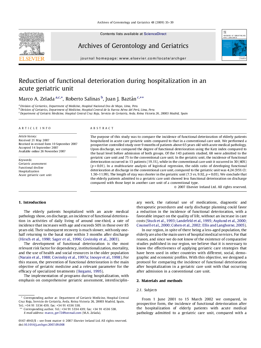 عکس صفحه اول مقاله: Reduction of functional deterioration during hospitalization in an acute geriatric unit Reduction of functional deterioration during hospitalization in an acute geriatric unit