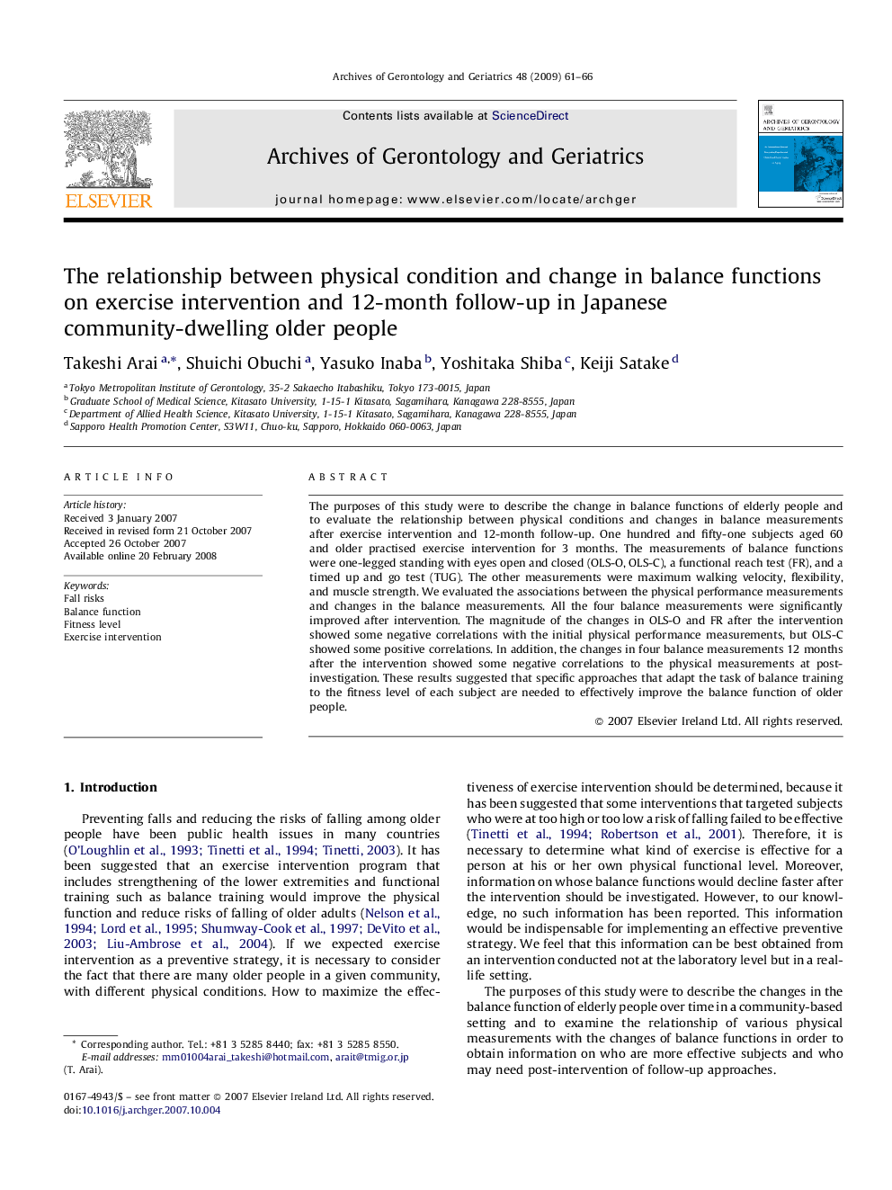 The relationship between physical condition and change in balance functions on exercise intervention and 12-month follow-up in Japanese community-dwelling older people