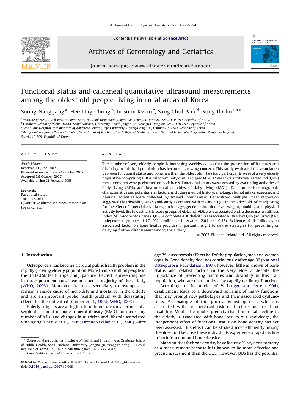 Functional status and calcaneal quantitative ultrasound measurements among the oldest old people living in rural areas of Korea