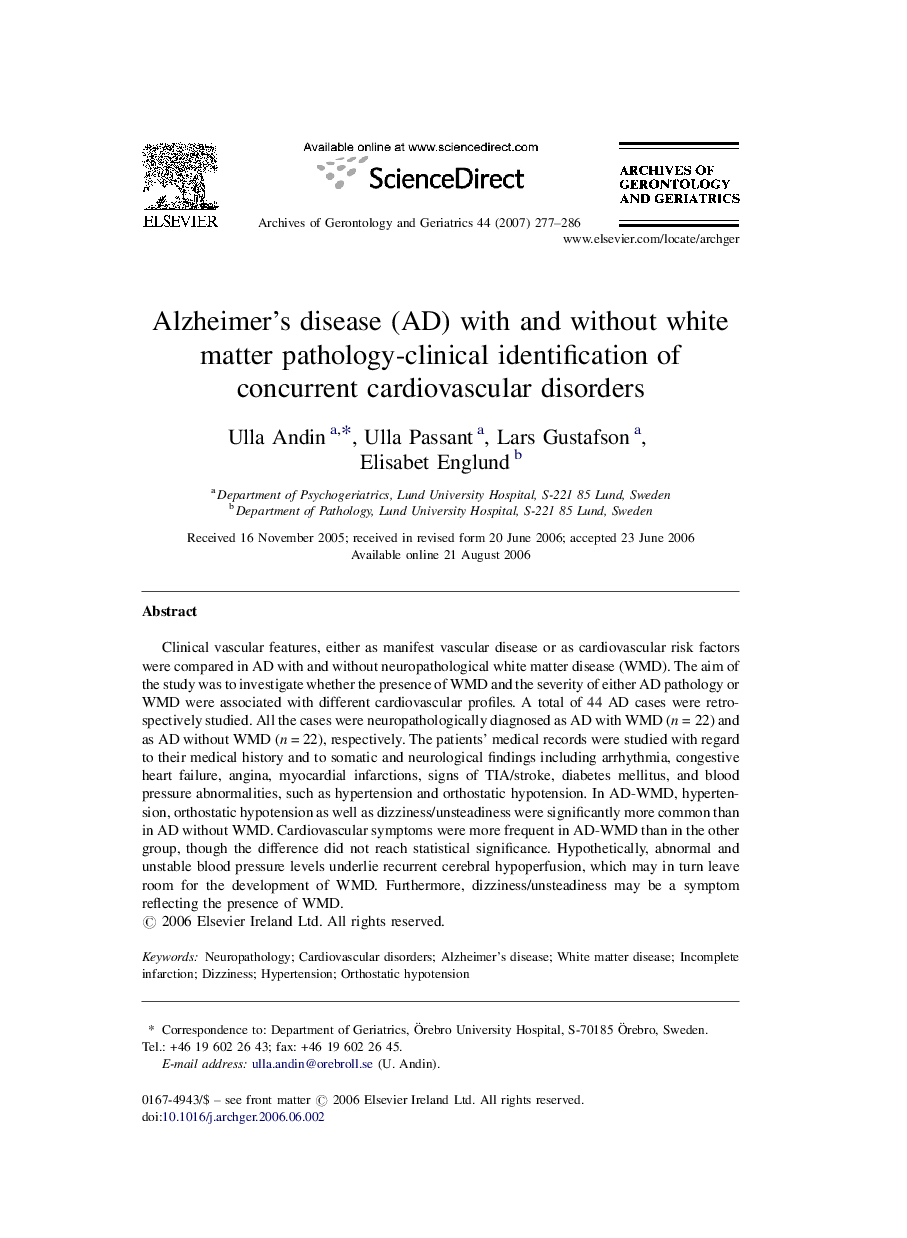 Alzheimer's disease (AD) with and without white matter pathology-clinical identification of concurrent cardiovascular disorders