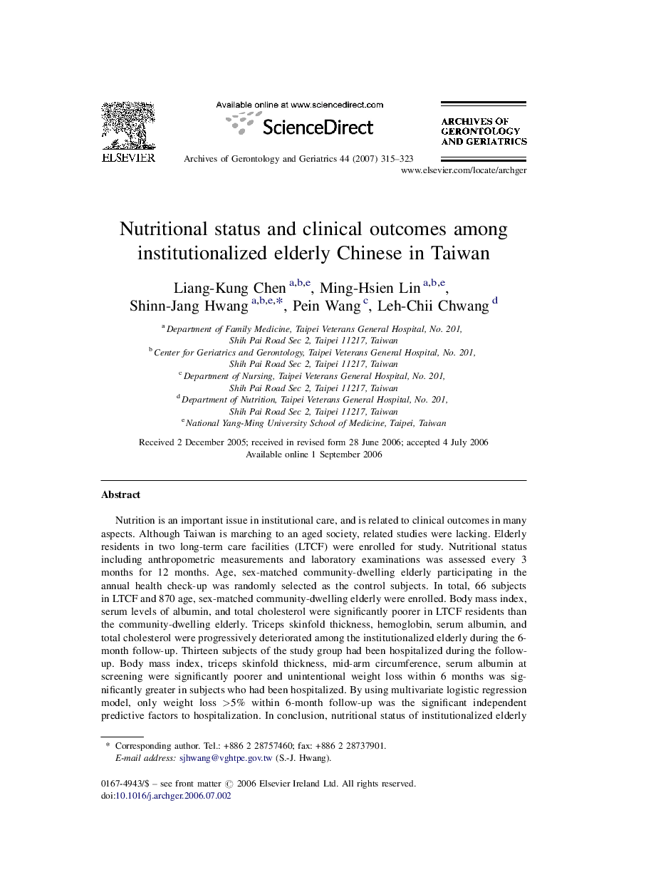 Nutritional status and clinical outcomes among institutionalized elderly Chinese in Taiwan