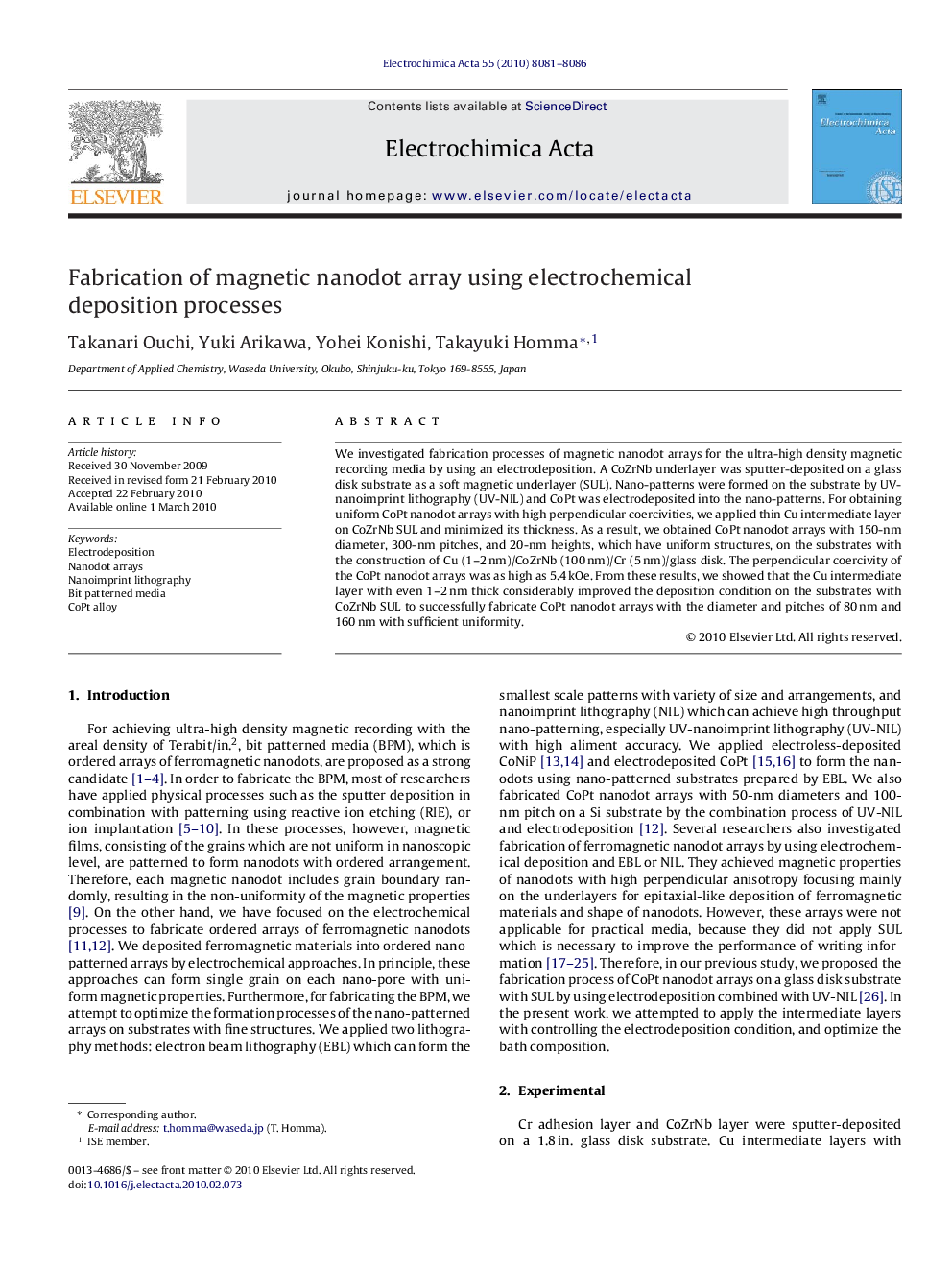 Fabrication of magnetic nanodot array using electrochemical deposition processes