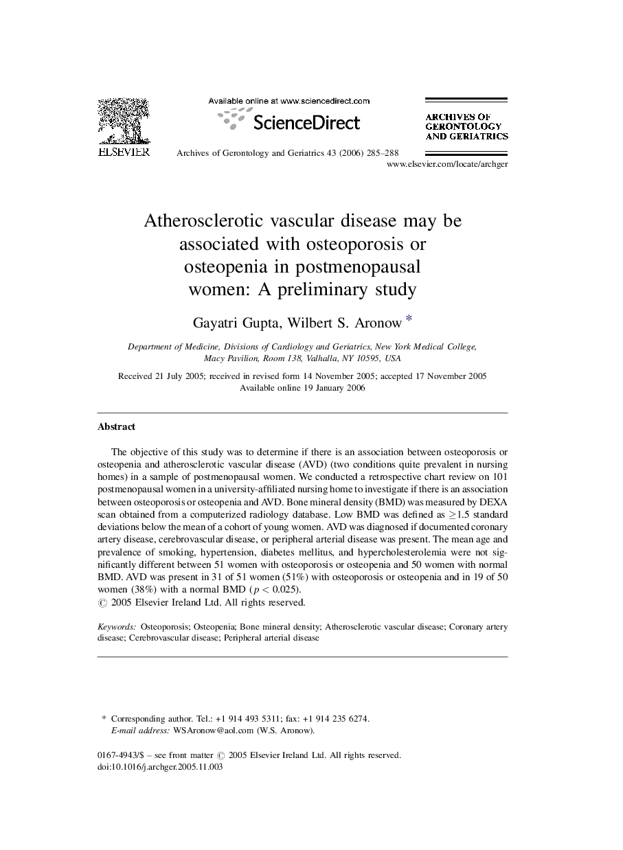 Atherosclerotic vascular disease may be associated with osteoporosis or osteopenia in postmenopausal women: A preliminary study