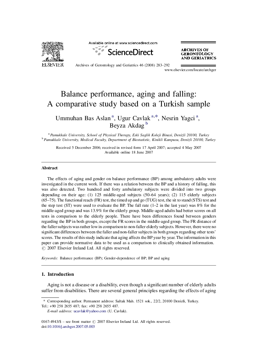 Balance performance, aging and falling: A comparative study based on a Turkish sample