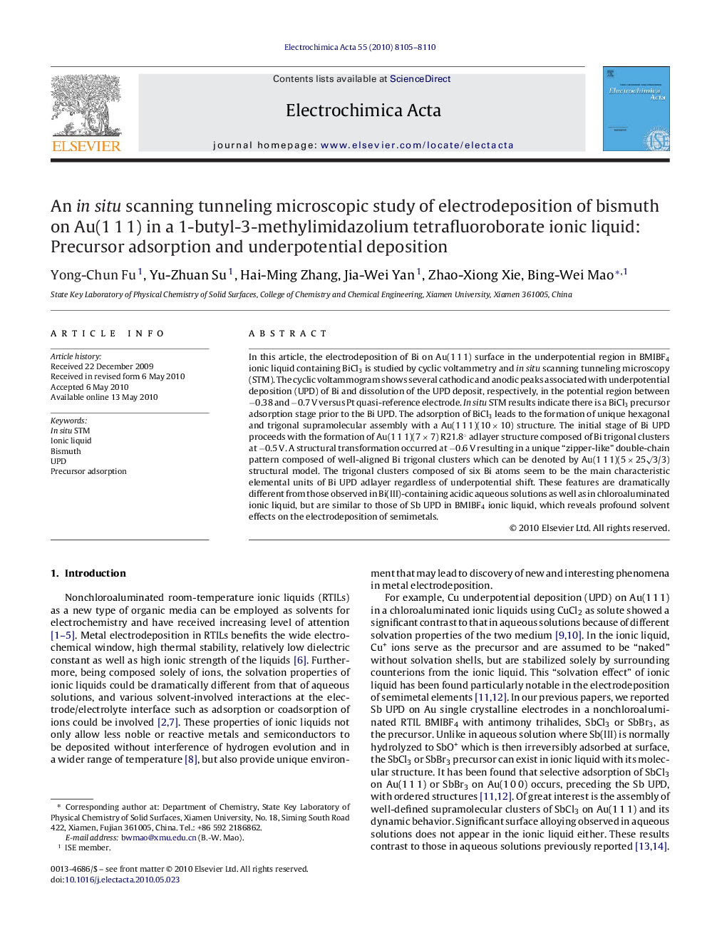 An in situ scanning tunneling microscopic study of electrodeposition of bismuth on Au(1 1 1) in a 1-butyl-3-methylimidazolium tetrafluoroborate ionic liquid: Precursor adsorption and underpotential deposition