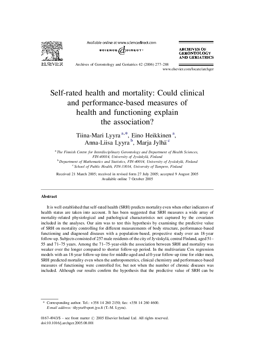 Self-rated health and mortality: Could clinical and performance-based measures of health and functioning explain the association?