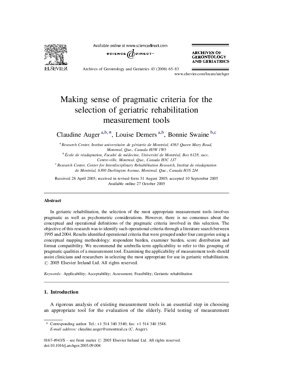 Making sense of pragmatic criteria for the selection of geriatric rehabilitation measurement tools