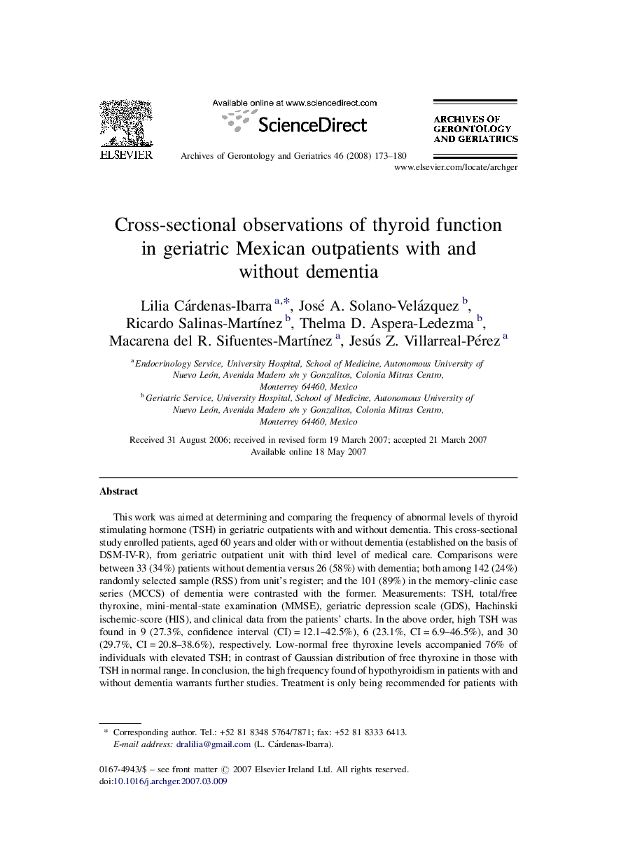 Cross-sectional observations of thyroid function in geriatric Mexican outpatients with and without dementia