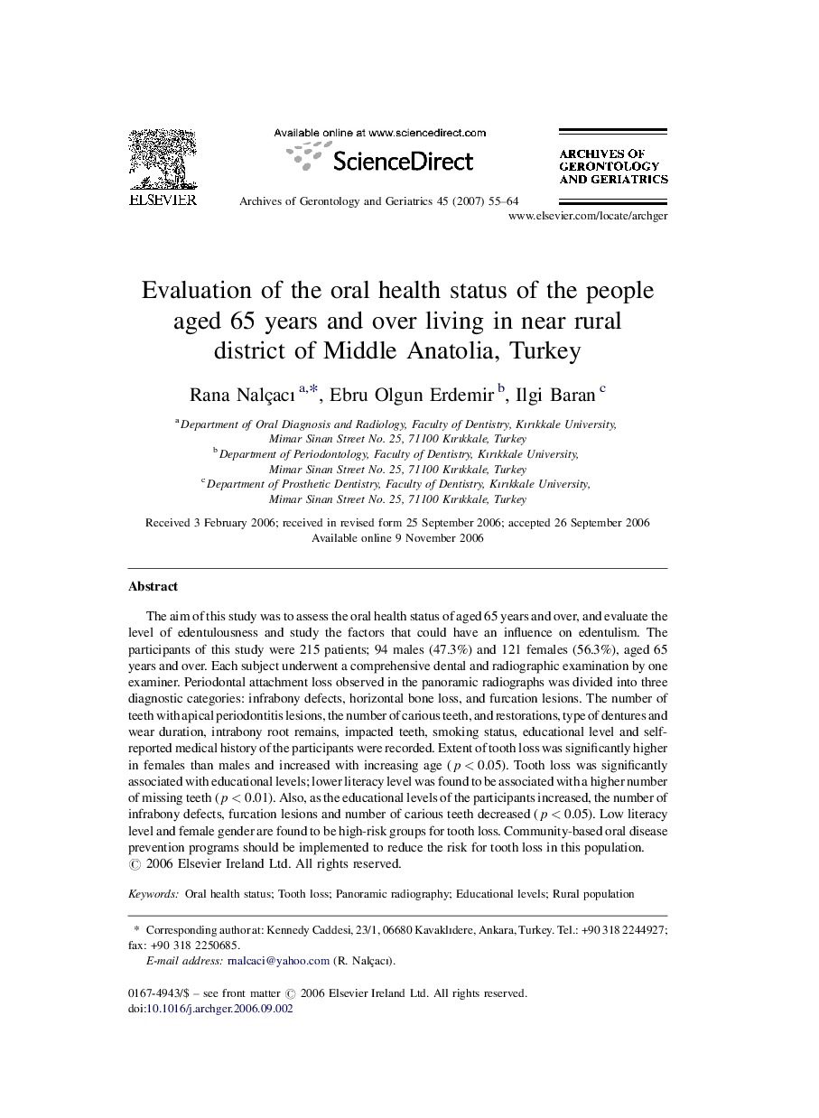 Evaluation of the oral health status of the people aged 65 years and over living in near rural district of Middle Anatolia, Turkey