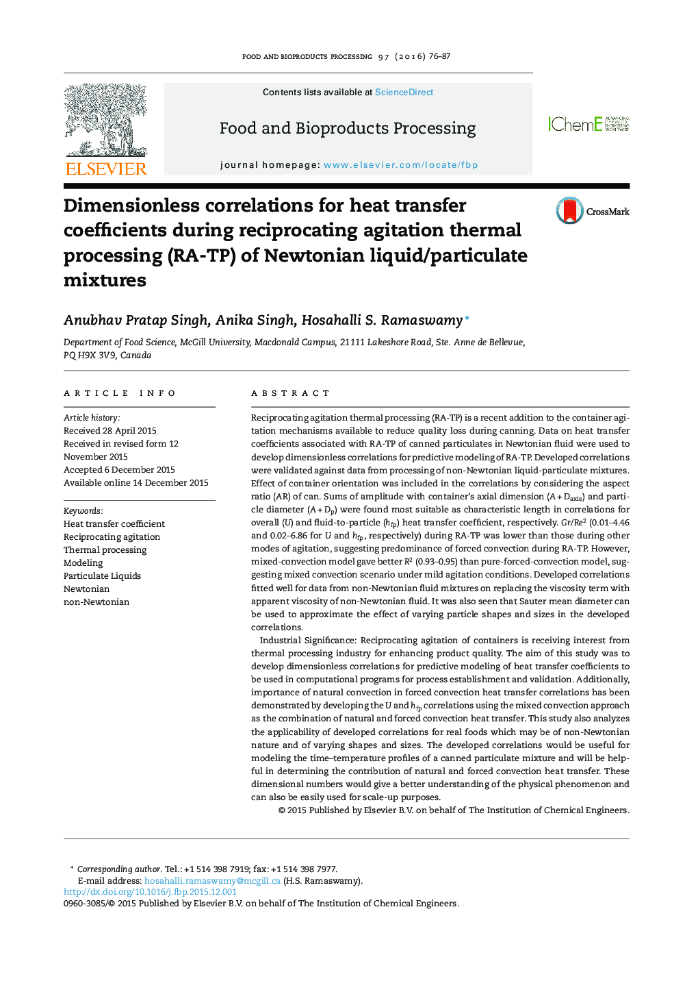 Dimensionless correlations for heat transfer coefficients during reciprocating agitation thermal processing (RA-TP) of Newtonian liquid/particulate mixtures