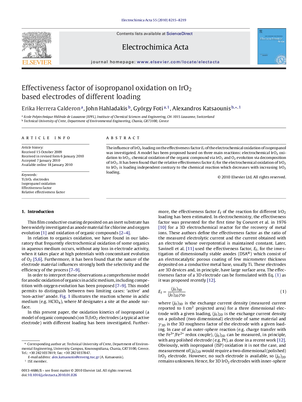 Effectiveness factor of isopropanol oxidation on IrO2 based electrodes of different loading