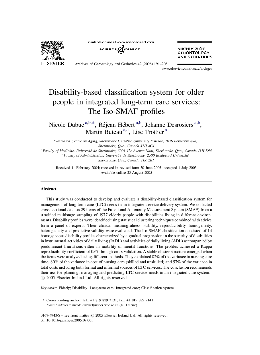 Disability-based classification system for older people in integrated long-term care services: The Iso-SMAF profiles