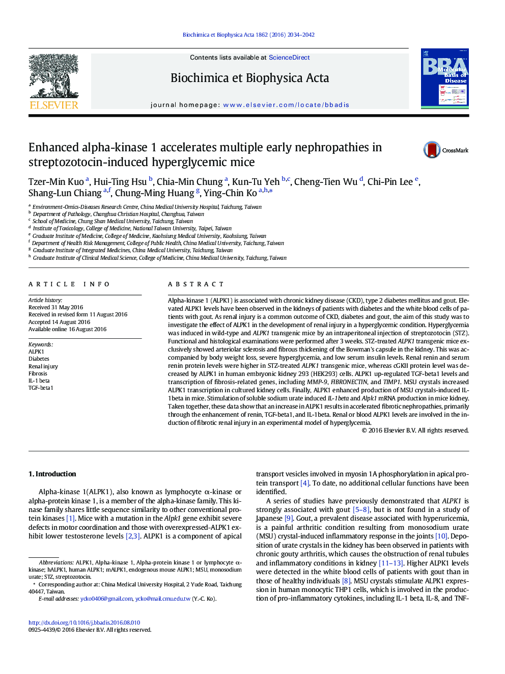 Enhanced alpha-kinase 1 accelerates multiple early nephropathies in streptozotocin-induced hyperglycemic mice