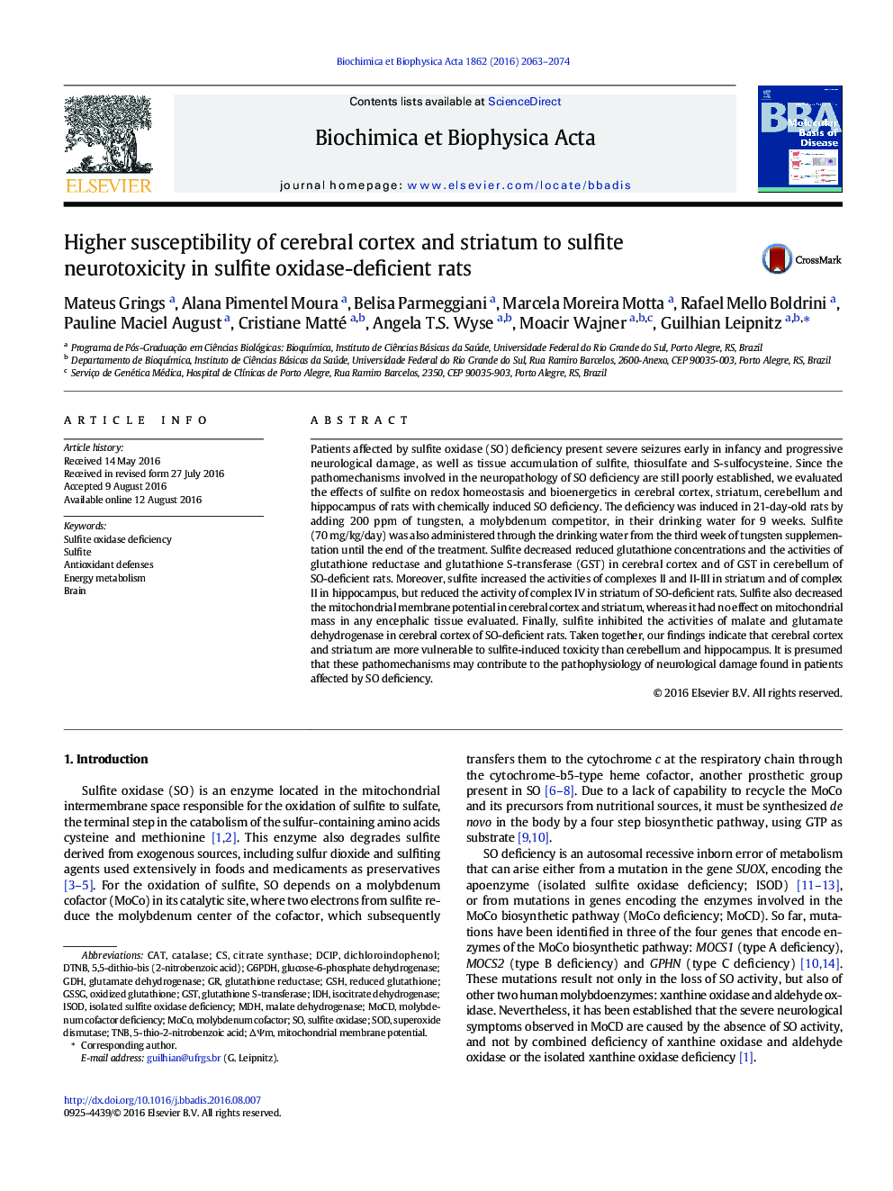 Higher susceptibility of cerebral cortex and striatum to sulfite neurotoxicity in sulfite oxidase-deficient rats