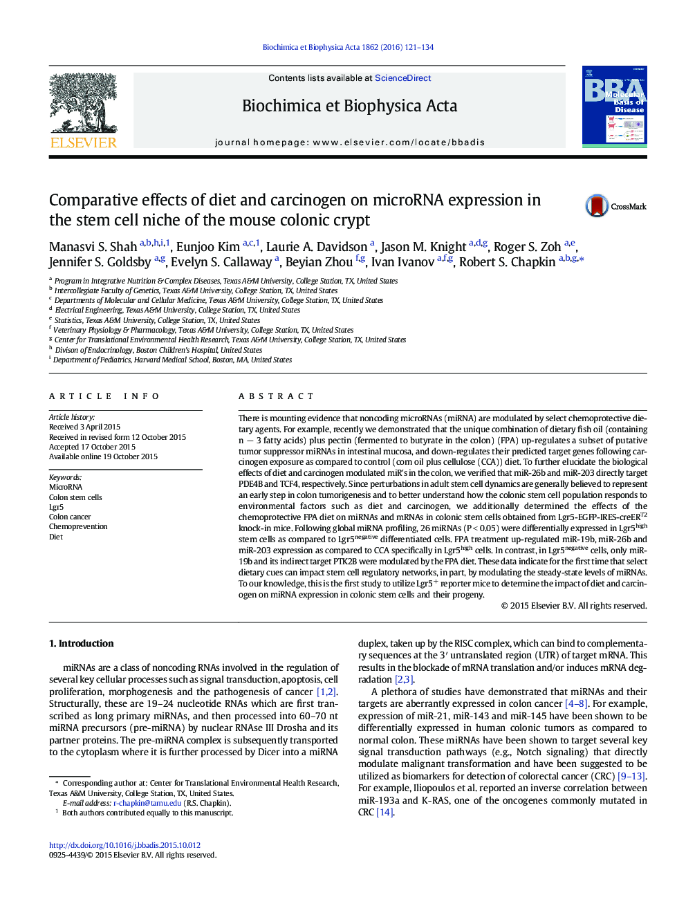 Comparative effects of diet and carcinogen on microRNA expression in the stem cell niche of the mouse colonic crypt