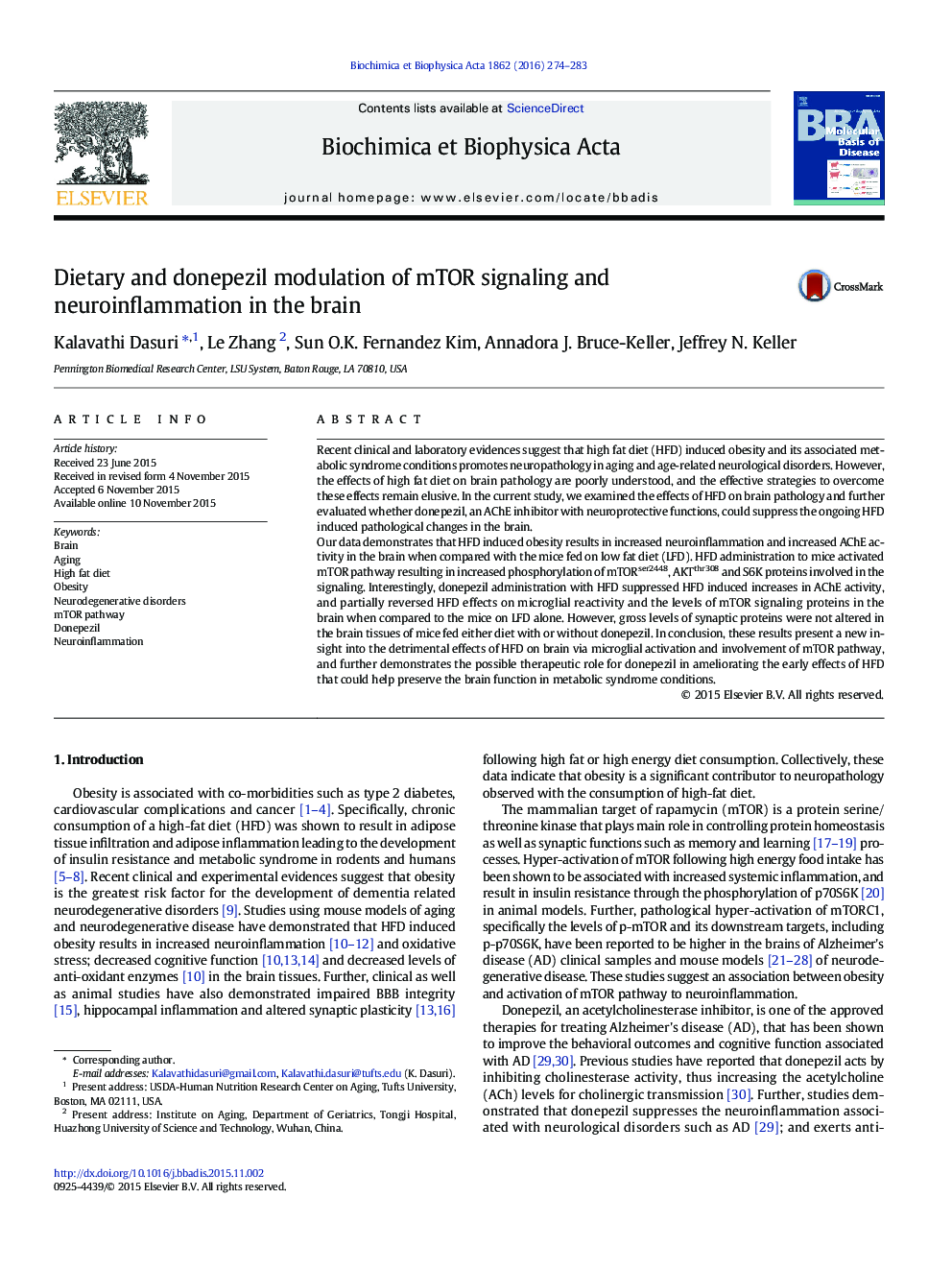 Dietary and donepezil modulation of mTOR signaling and neuroinflammation in the brain