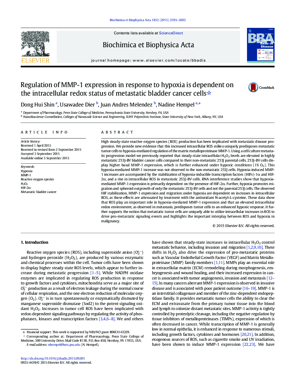 Regulation of MMP-1 expression in response to hypoxia is dependent on the intracellular redox status of metastatic bladder cancer cells 