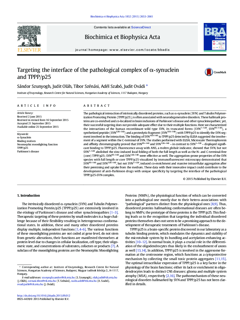 Targeting the interface of the pathological complex of α-synuclein and TPPP/p25