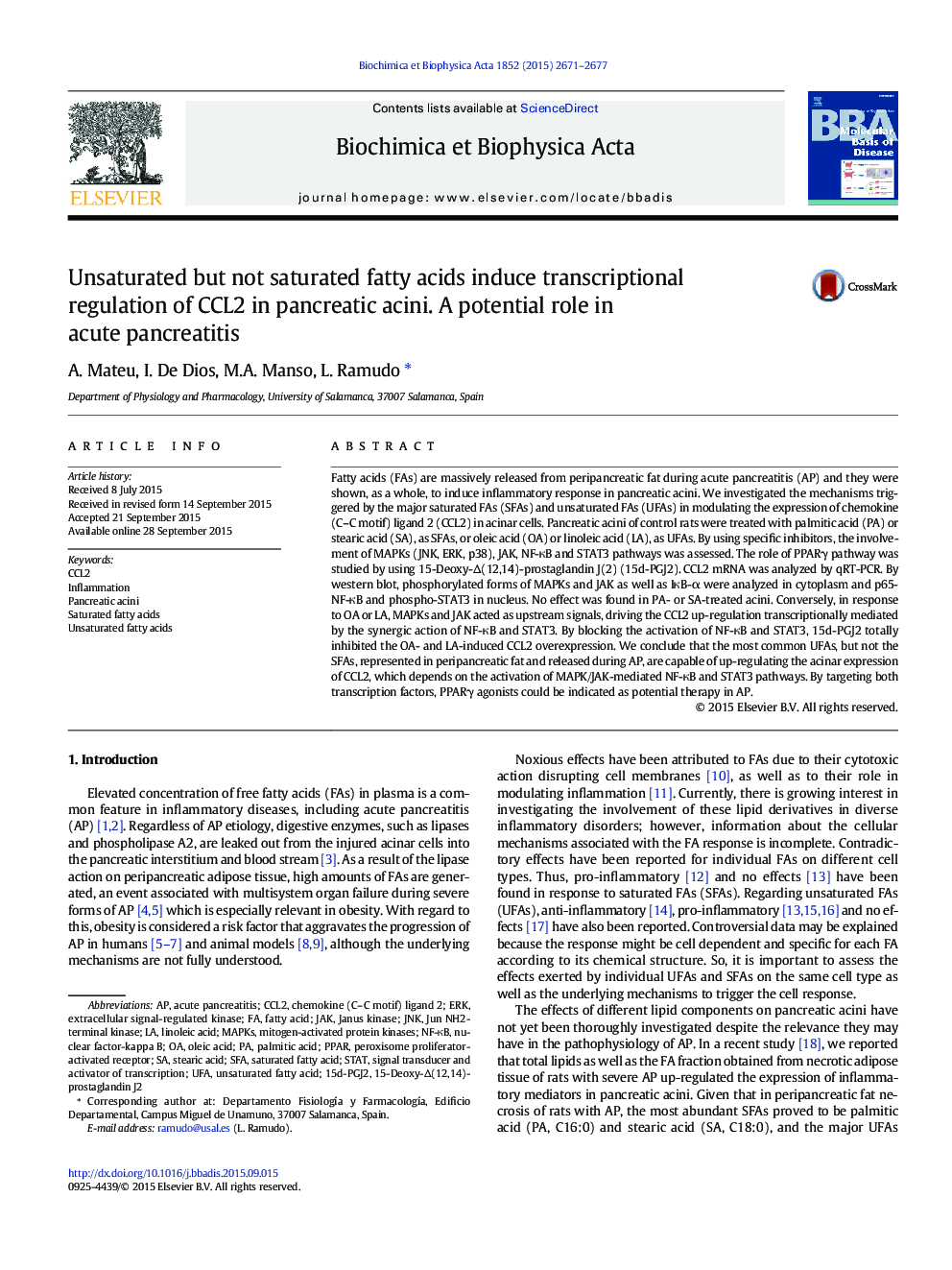 Unsaturated but not saturated fatty acids induce transcriptional regulation of CCL2 in pancreatic acini. A potential role in acute pancreatitis