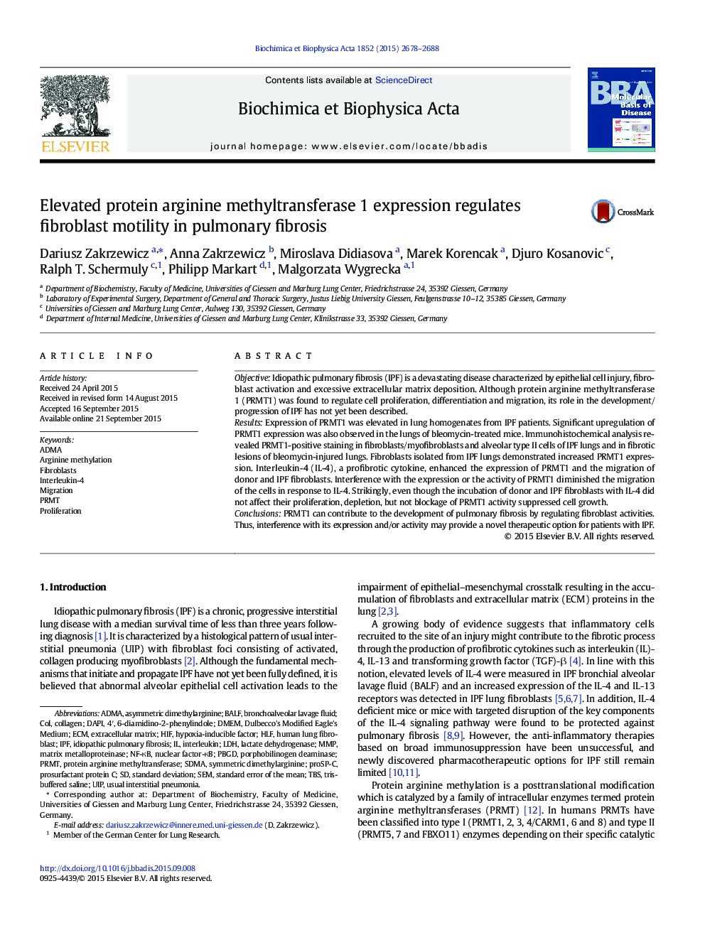 Elevated protein arginine methyltransferase 1 expression regulates fibroblast motility in pulmonary fibrosis