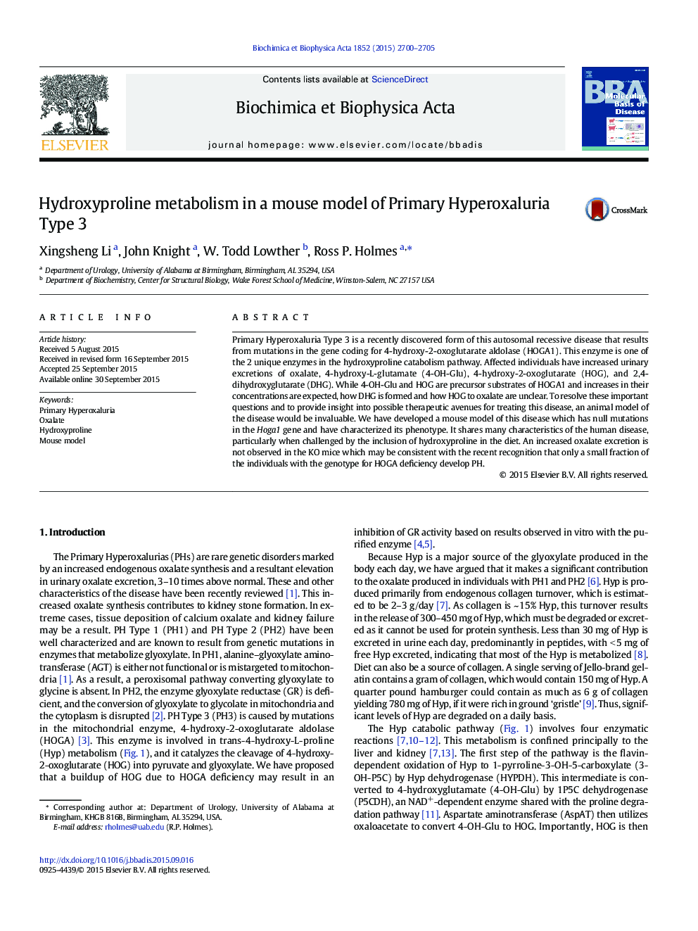 Hydroxyproline metabolism in a mouse model of Primary Hyperoxaluria Type 3