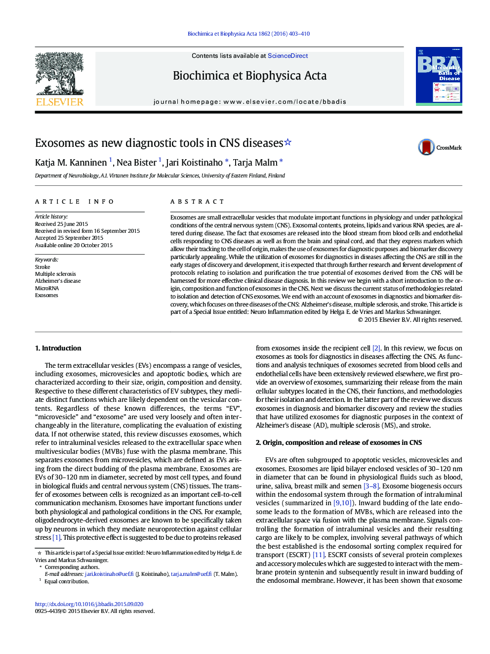 Exosomes as new diagnostic tools in CNS diseases 