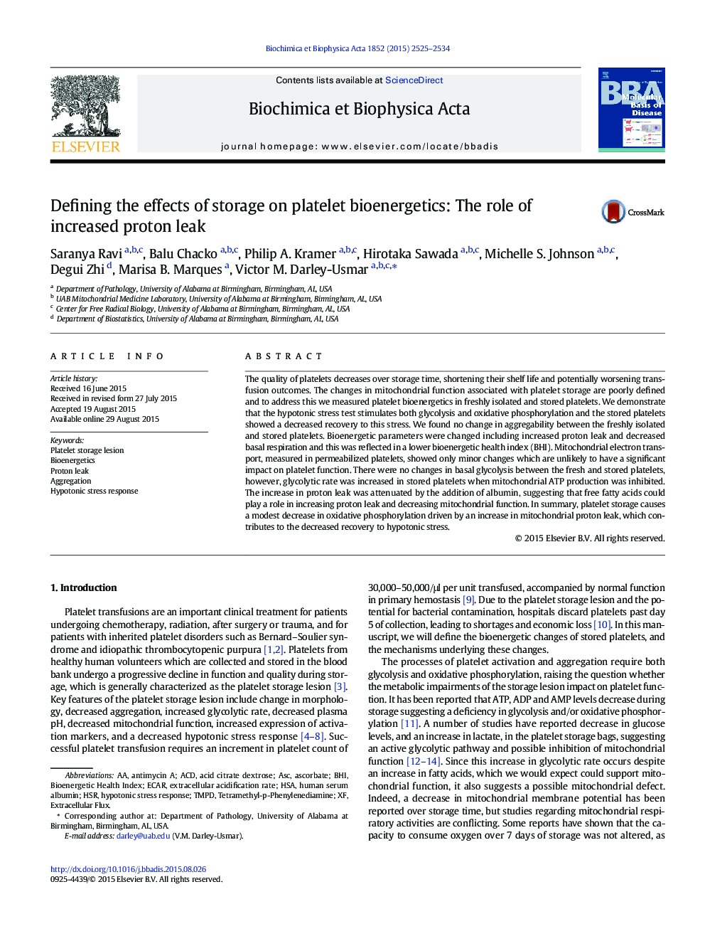 Defining the effects of storage on platelet bioenergetics: The role of increased proton leak