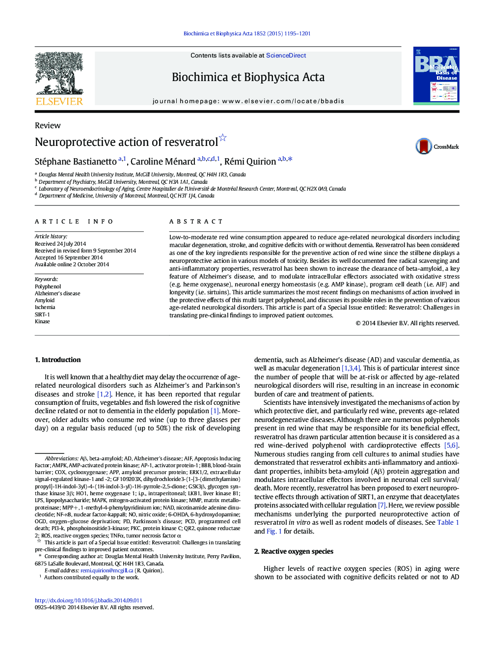 Neuroprotective action of resveratrol 