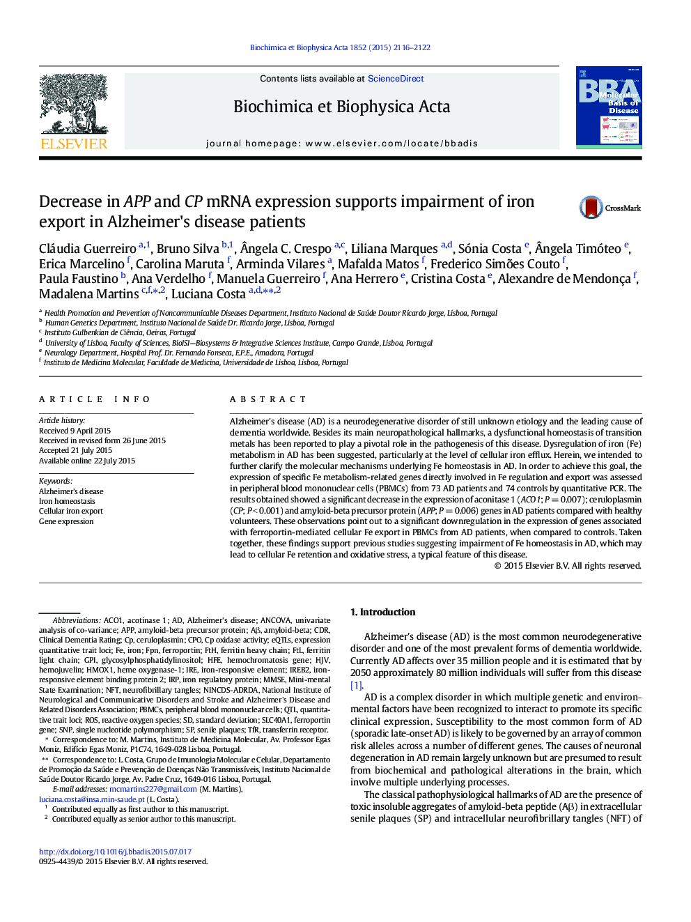 Decrease in APP and CP mRNA expression supports impairment of iron export in Alzheimer's disease patients