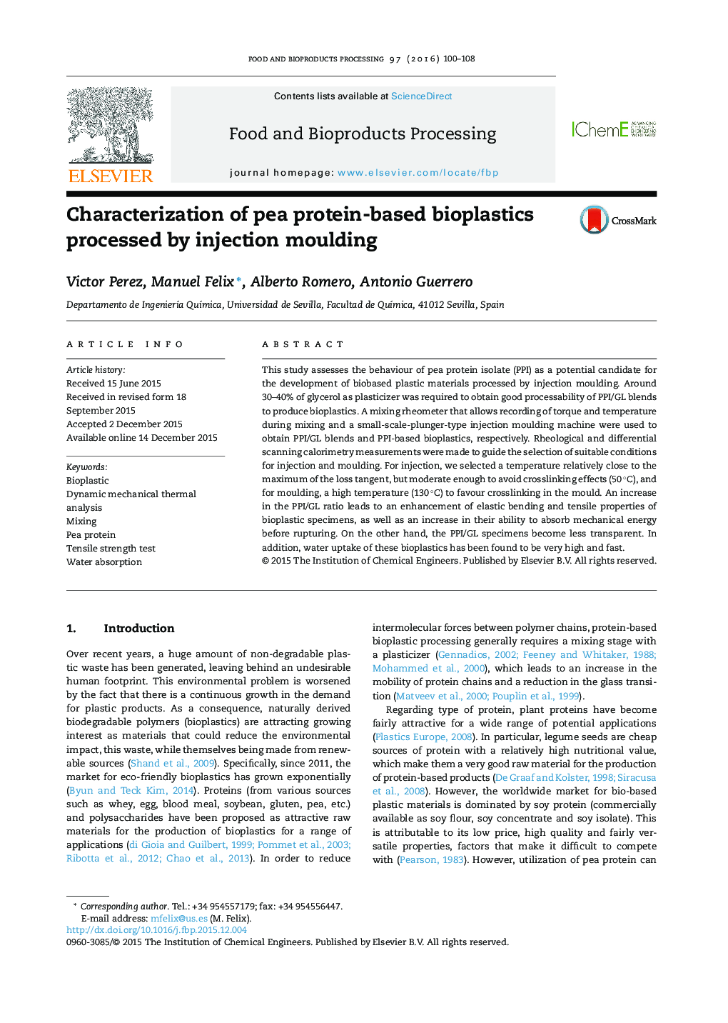 Characterization of pea protein-based bioplastics processed by injection moulding