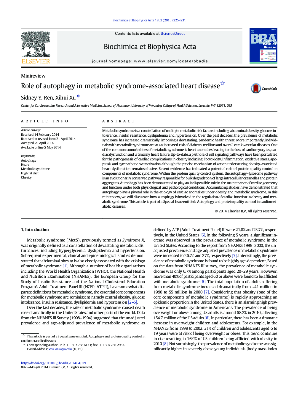 Role of autophagy in metabolic syndrome-associated heart disease 