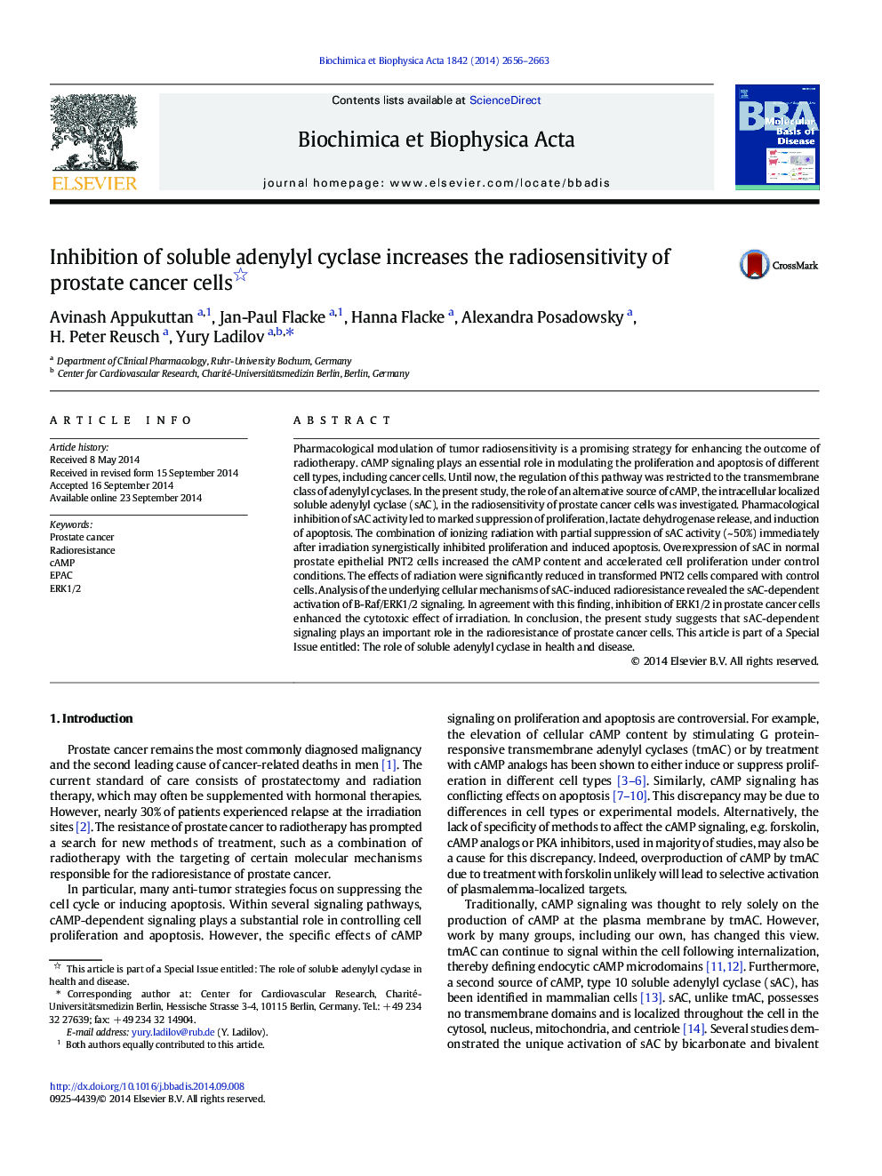 Inhibition of soluble adenylyl cyclase increases the radiosensitivity of prostate cancer cells 